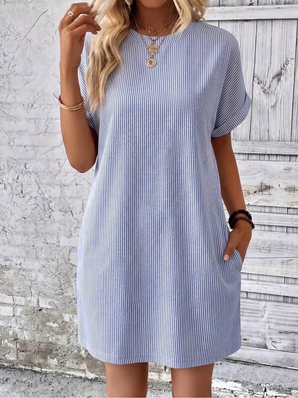 Light Blue Pinstripe Short-Sleeve Shift Dress